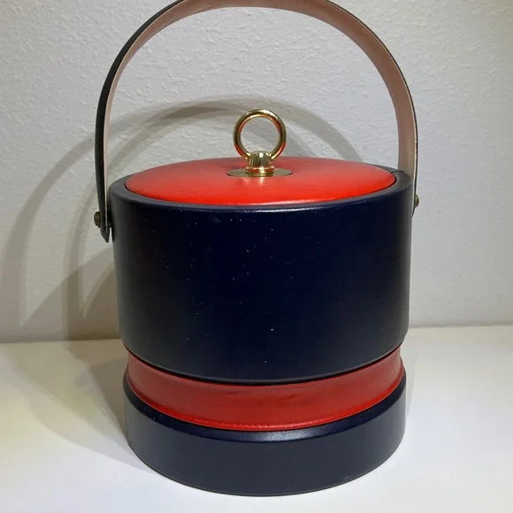 Vintage 70’s Georges Briard USA Navy / Red Leather Insulated Lidded Ice Bucket - Picture 10 of 14
